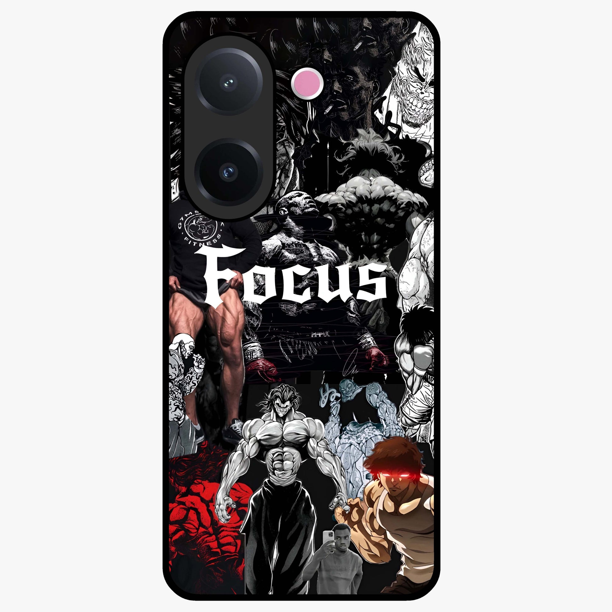 Relentless Power Focus Glass Case showing flat back view with motivational typography artwork and glossy glass finish.