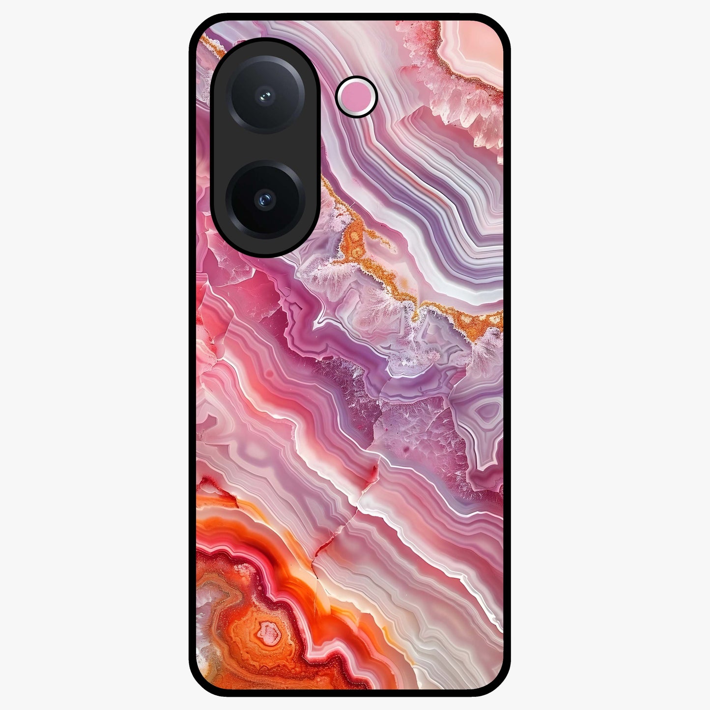 Rose Quartz Marble Glass Case showing flat back view with pink marble quartz texture artwork and glossy glass finish.