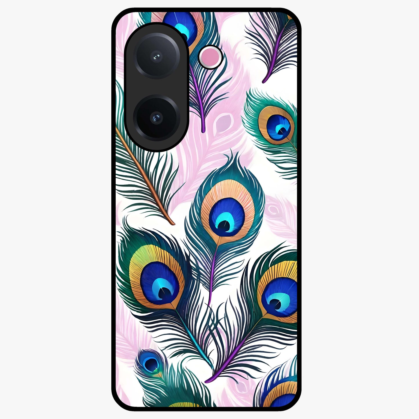 Royal Peacock Feathers Glass Case showing flat back view with colorful peacock feather artwork and glossy glass finish.