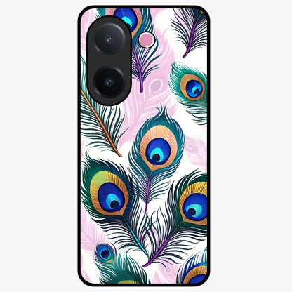 Royal Peacock Feathers Glass Case showing flat back view with colorful peacock feather artwork and glossy glass finish.