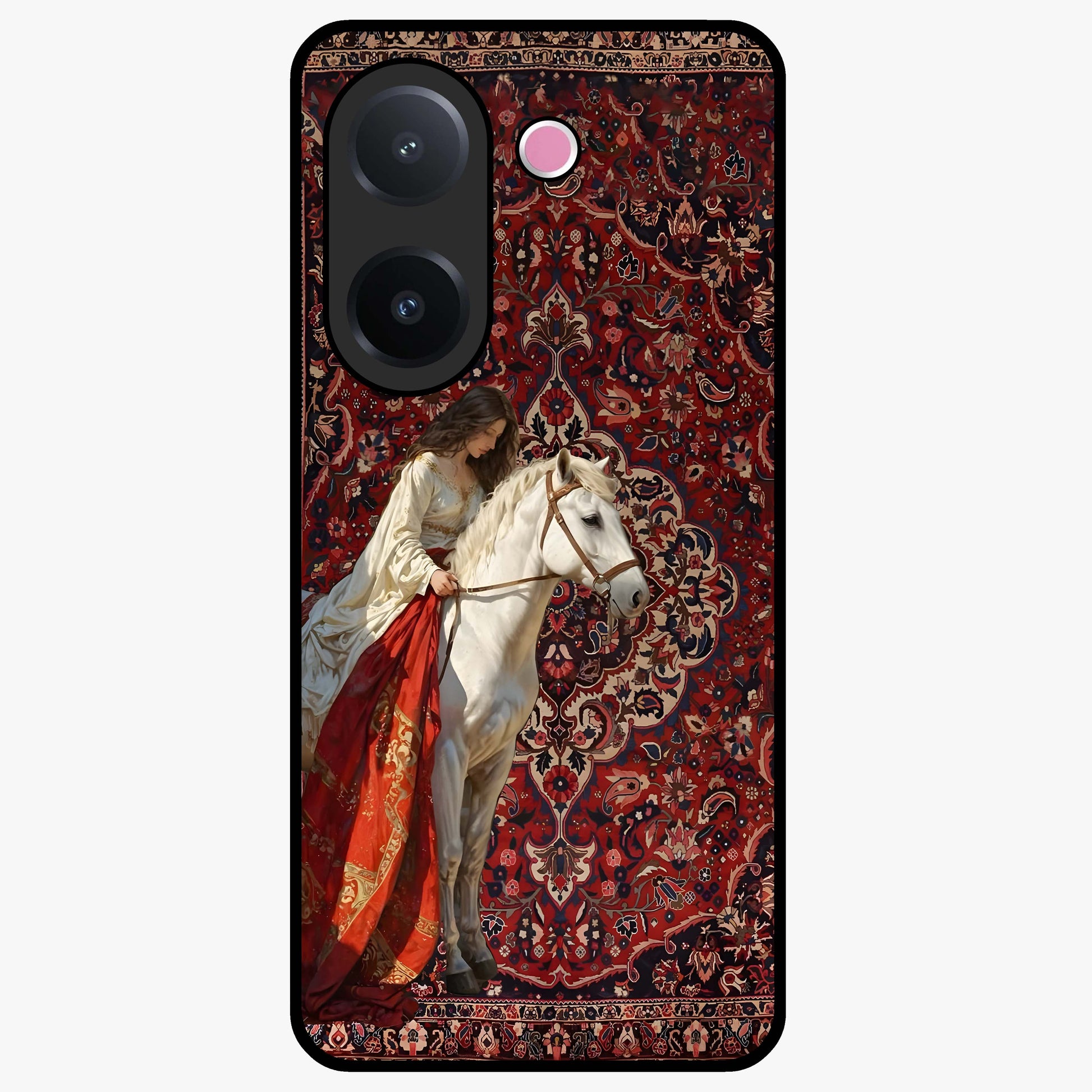 Royal Rider Tapestry Glass Case showing flat back view with majestic horse rider tapestry artwork and glossy glass finish.