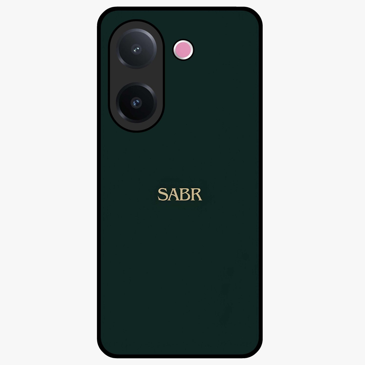 Sabr Minimal Patience Glass Case showing flat back view with minimalist typography artwork and glossy glass finish.