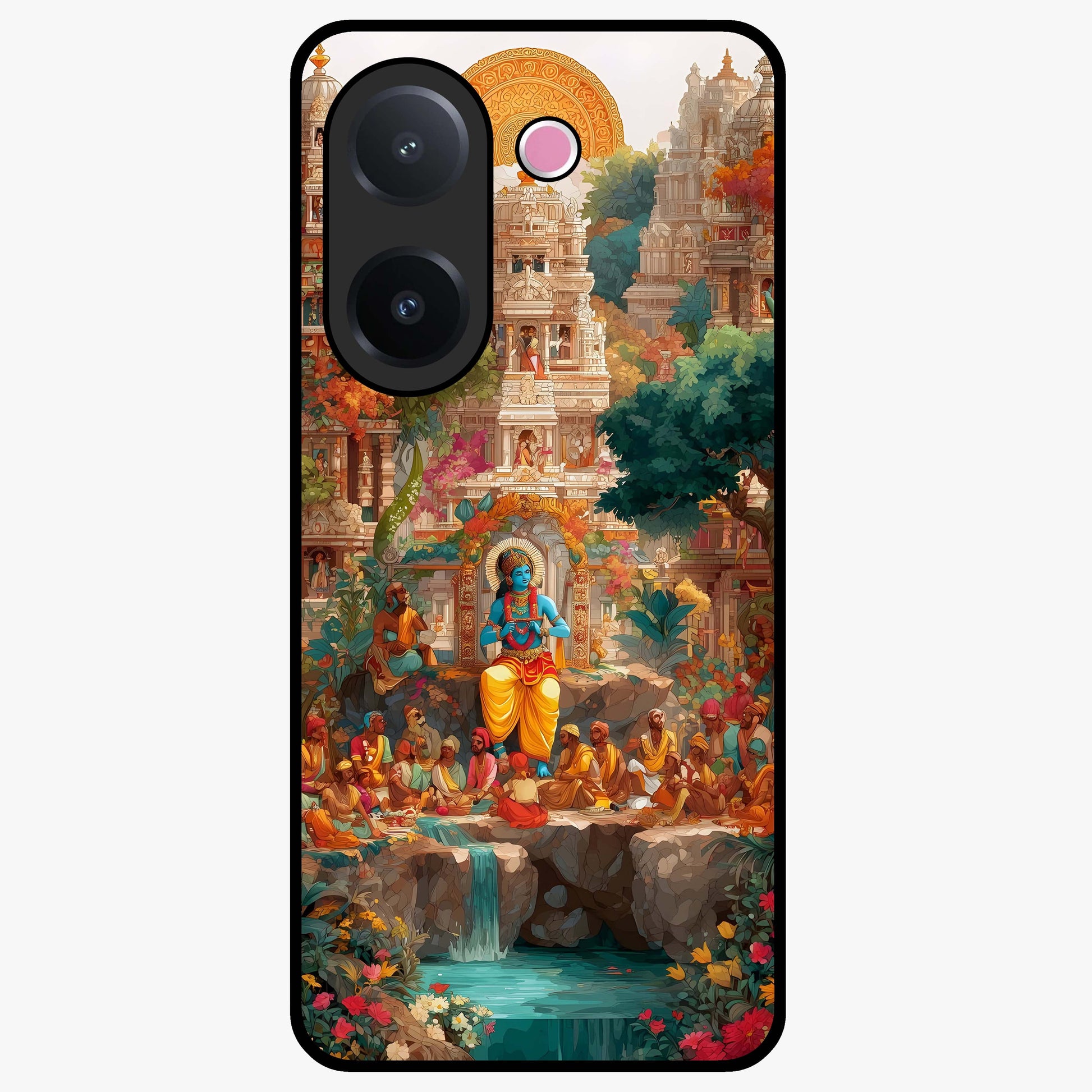 Sacred Sunlight Gods Glass Case showing flat back view with divine sunlight themed artwork and glossy glass finish.
