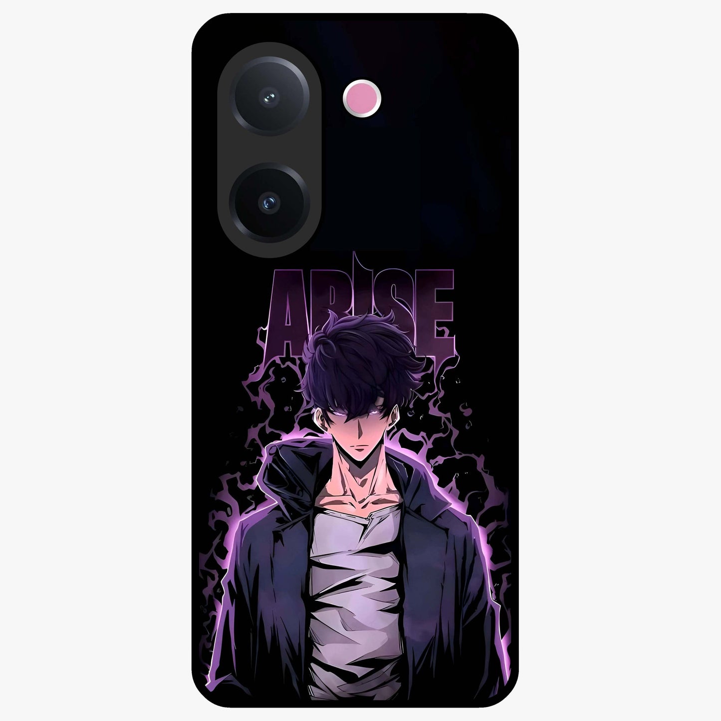 Shadow Monarch Awakening Glass Case showing flat back view with powerful dark monarch themed artwork and glossy glass finish.