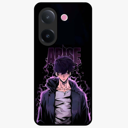 Shadow Monarch Awakening Glass Case showing flat back view with powerful dark monarch themed artwork and glossy glass finish.
