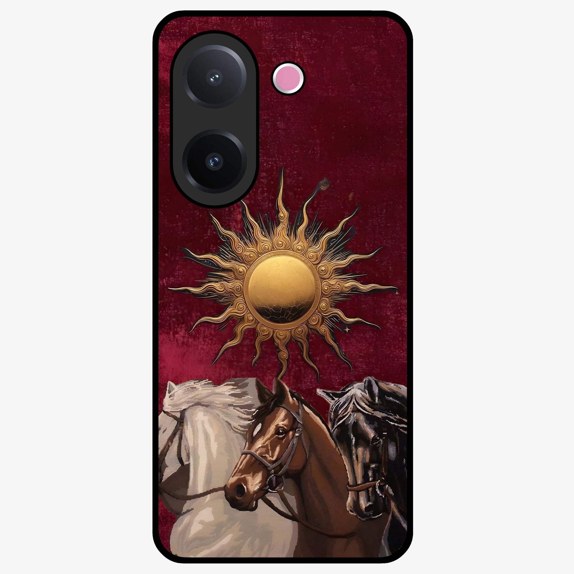 Solar Riders Glass Case showing flat back view with dynamic rider themed artwork and glossy glass finish.