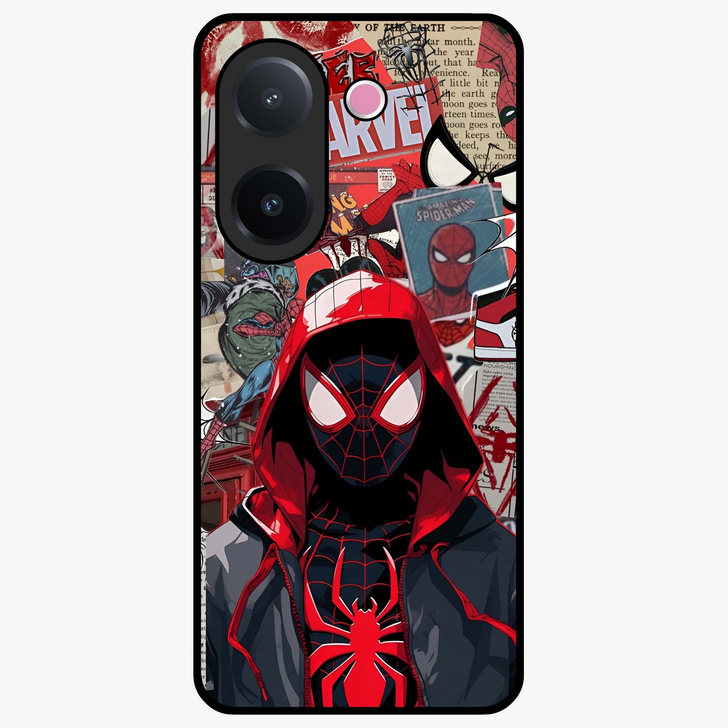 Spider Collage Street Glass Case showing flat back view with vibrant superhero collage artwork and glossy glass finish.
