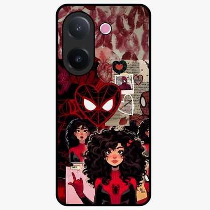 Spider Love Story Glass Case showing flat back view with romantic superhero themed artwork and glossy glass finish.