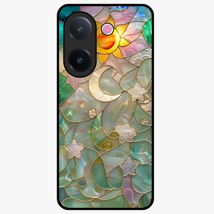 Stained Sunrise Glow Glass Case showing flat back view with glowing sunrise stained pattern artwork and glossy glass finish.
