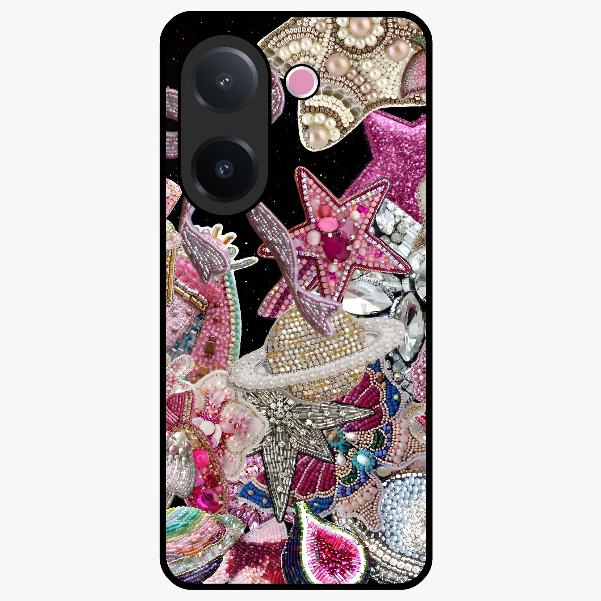 Starlit Jewel Dream Glass Case showing flat back view with sparkling jewel and star themed artwork and glossy glass finish.