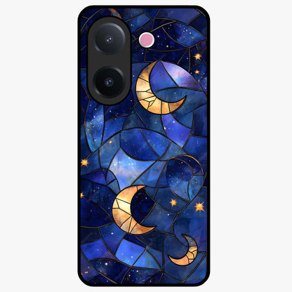 Starlit Sky Tapestry Glass Case showing flat back view with decorative starry sky tapestry artwork and glossy glass finish.