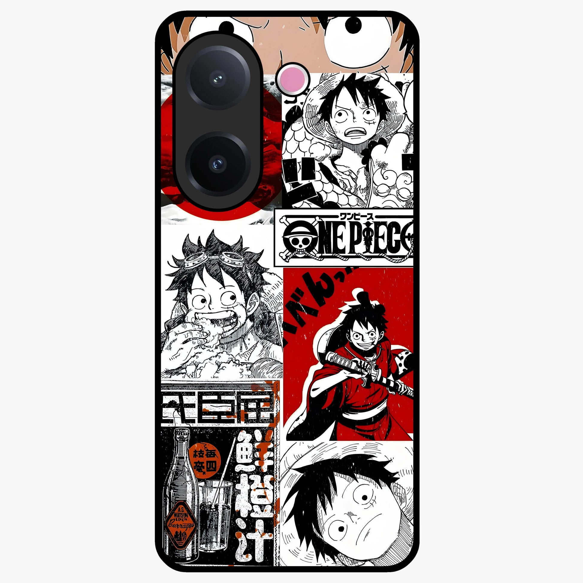 Strawhat Chaos Panels Glass Case showing flat back view with anime inspired chaos panel artwork and glossy glass finish.