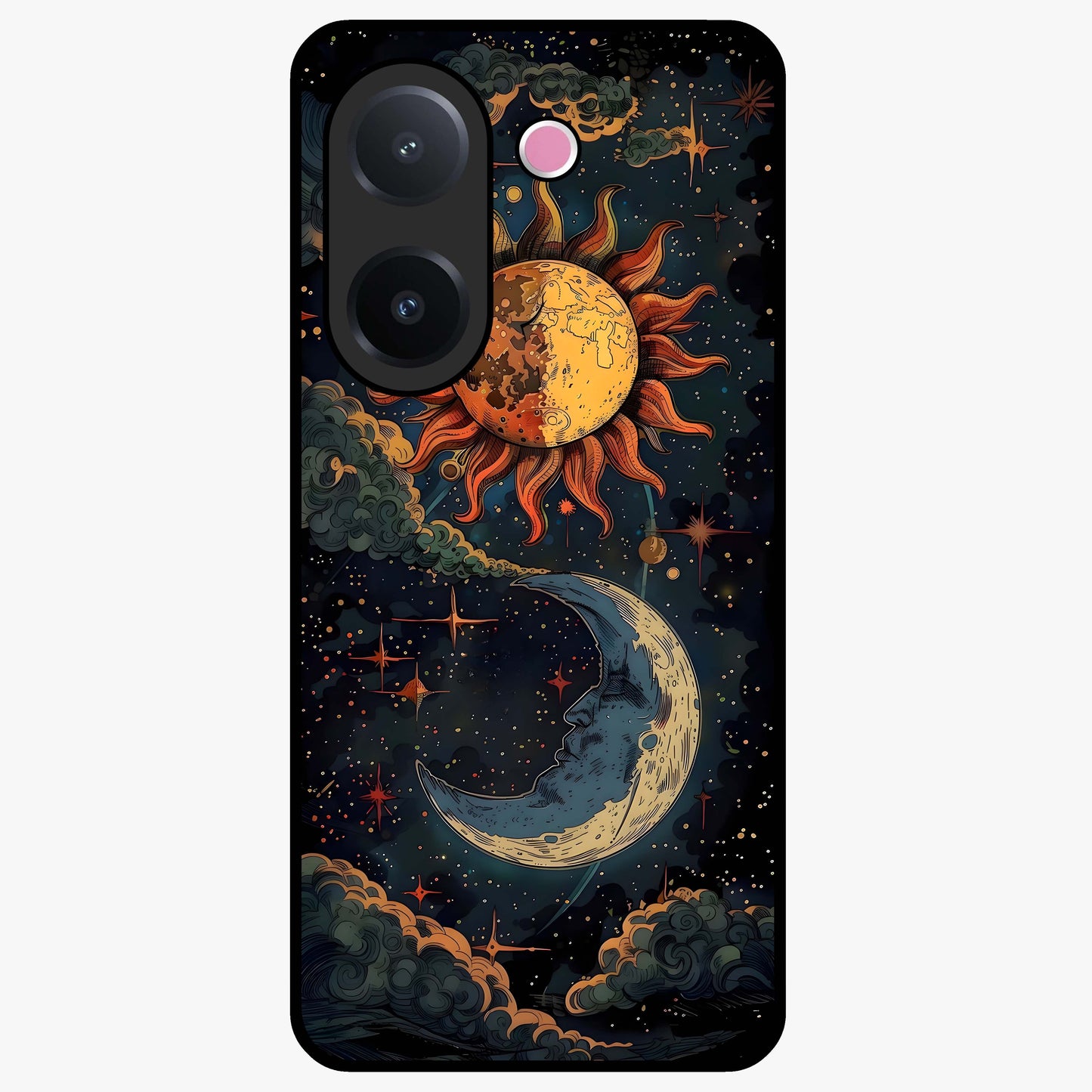 Sun And Moon Magic Design Glass Case showing flat back view with mystical sun and moon artwork and glossy glass finish.