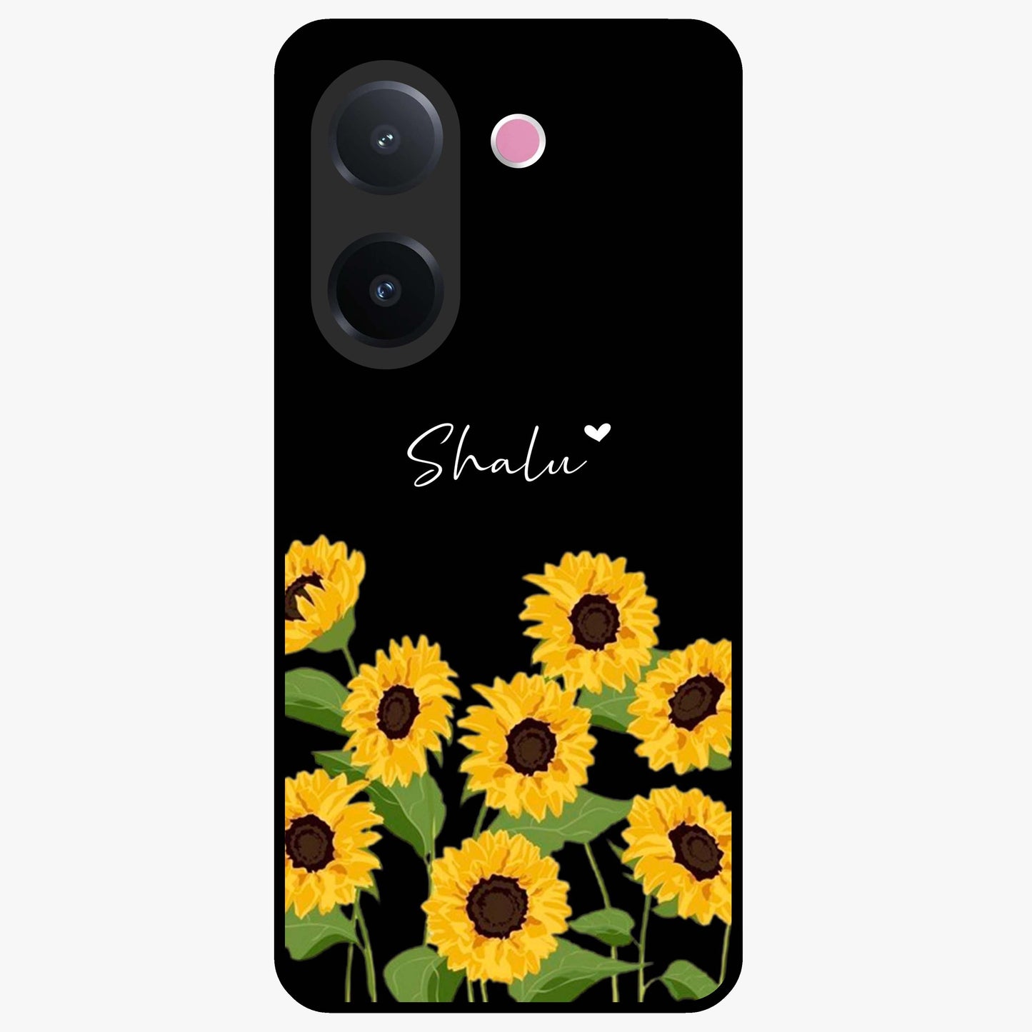 Sunflower Chic Mood Custom Name Glass Case showing flat back view with stylish sunflower artwork and personalized name design.