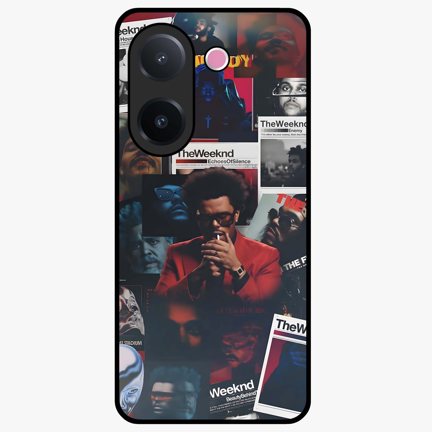 The Weeknd Glass Case showing flat back view with music inspired artistic portrait artwork and glossy glass finish.