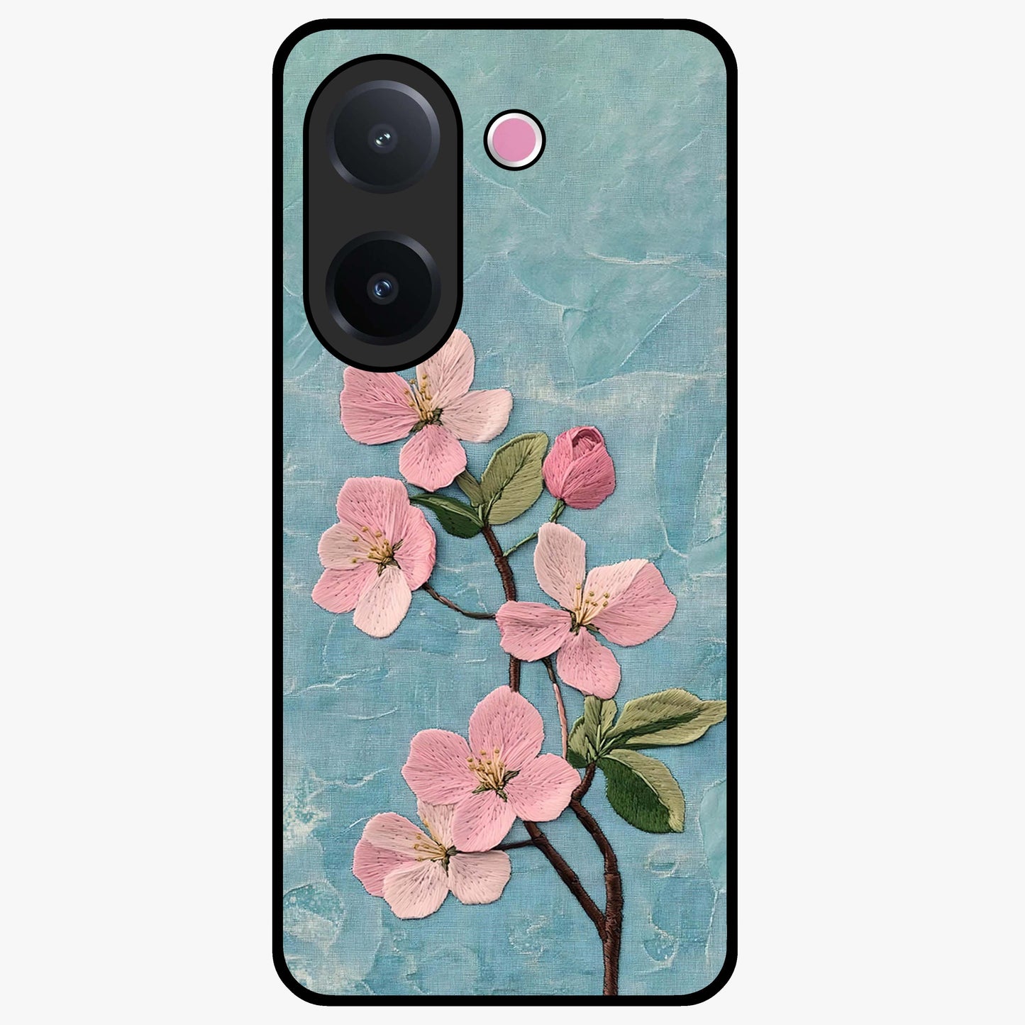 Threaded Blossom Breeze Glass Case showing flat back view with delicate blossom artwork and glossy glass finish.