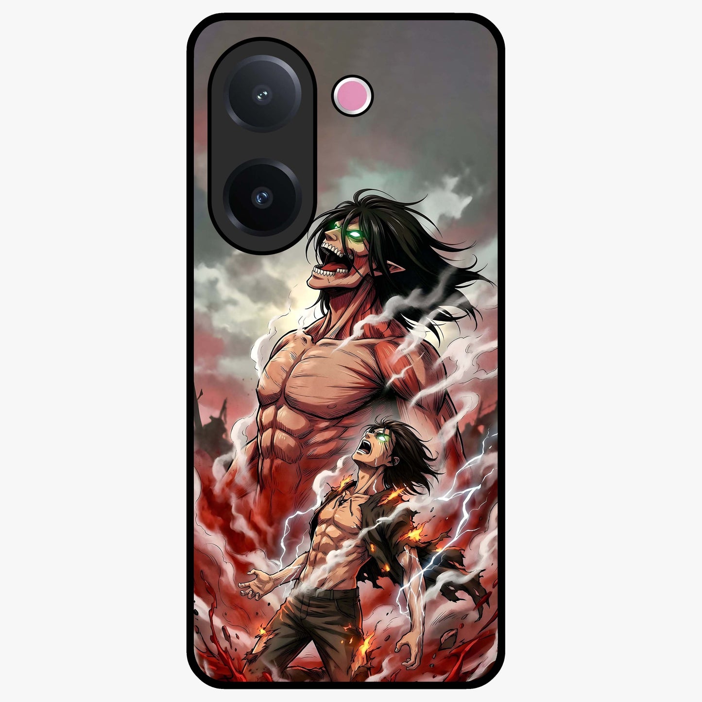 Titan Awakening Fury Glass Case showing flat back view with powerful titan inspired artwork and glossy glass finish.