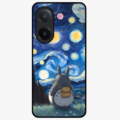 Totoro In Van Gogh Art Glass Case showing flat back view with whimsical character artwork inspired by Van Gogh style and glossy glass finish.