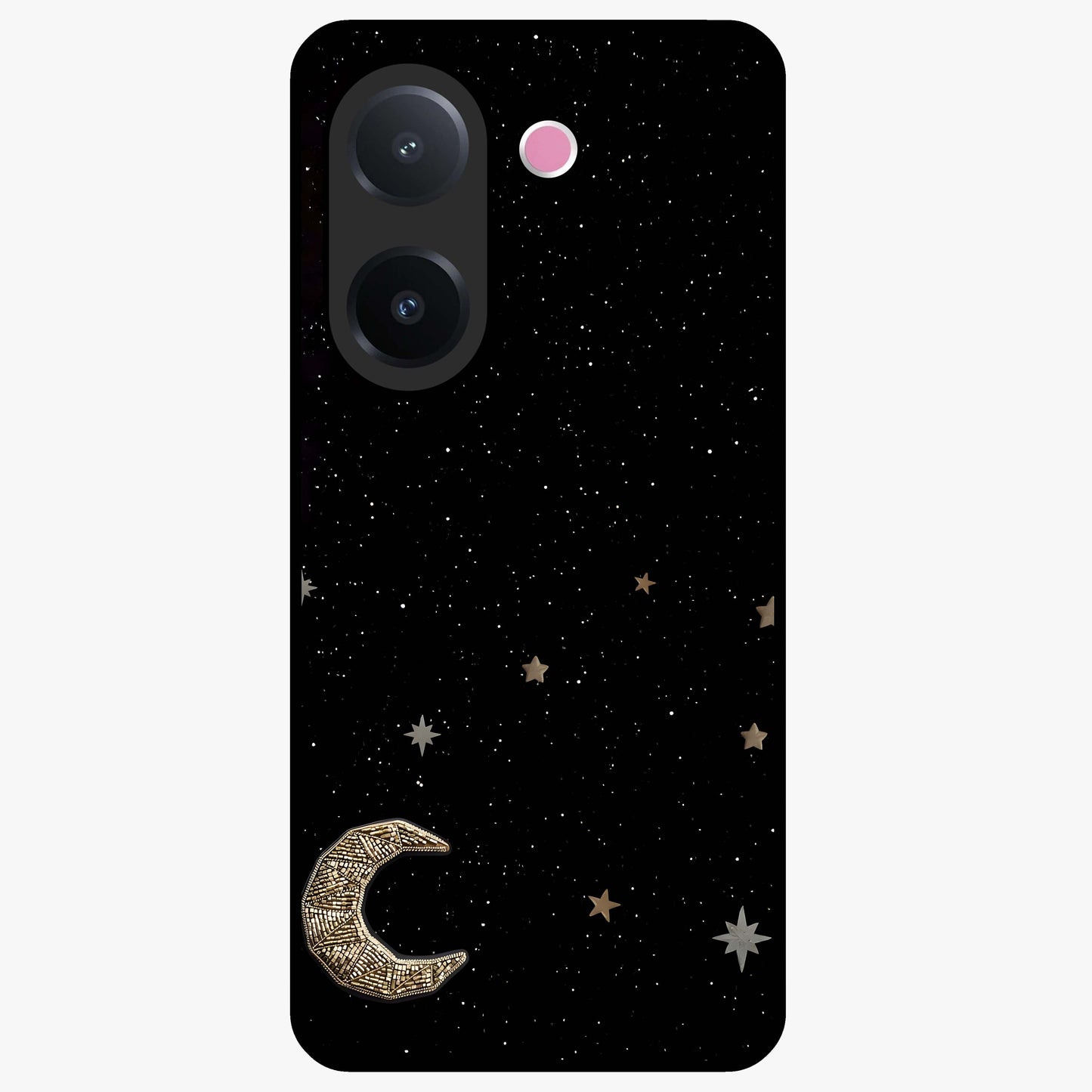 Twinkle Star With Half Moon Glass Case showing flat back view with star and half moon artwork and glossy glass finish.