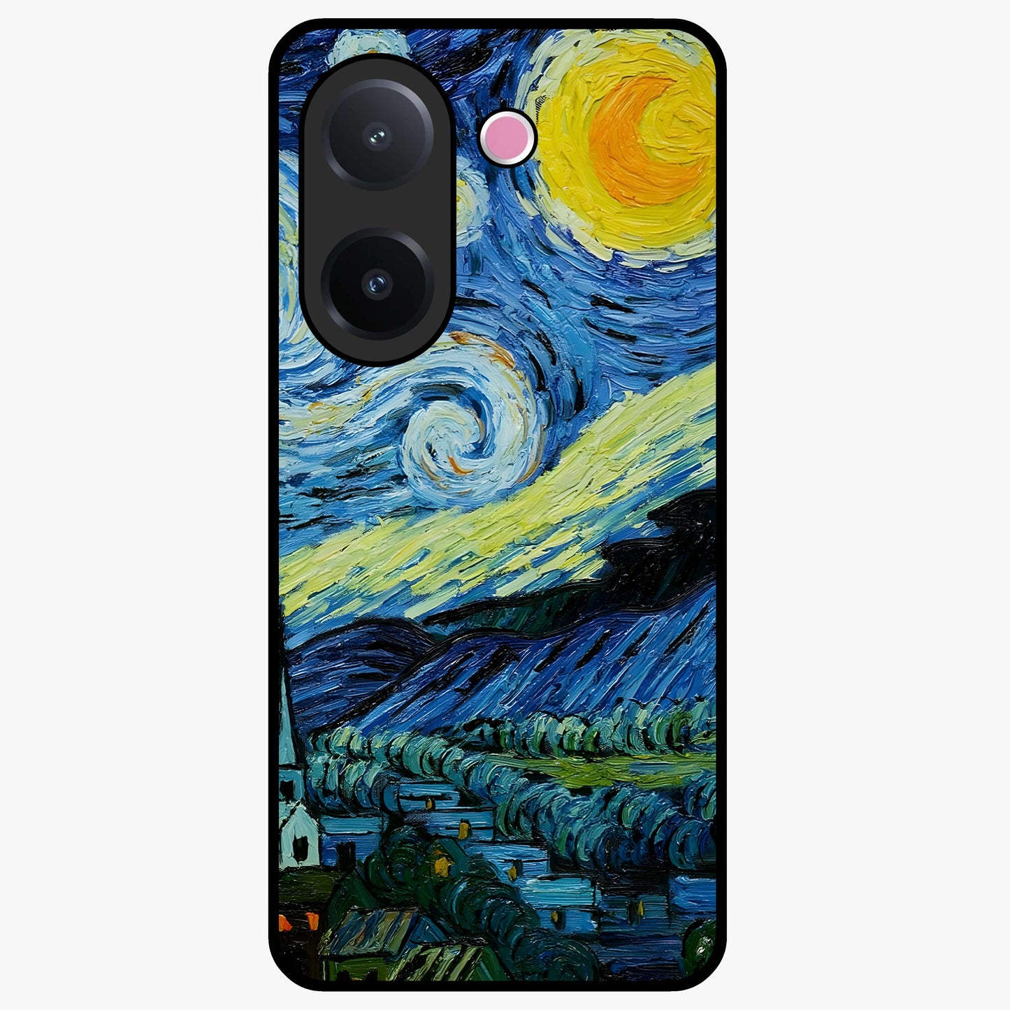 Van Gogh Art Glass Case showing flat back view with classic painterly artwork inspired by Van Gogh style and glossy glass finish.
