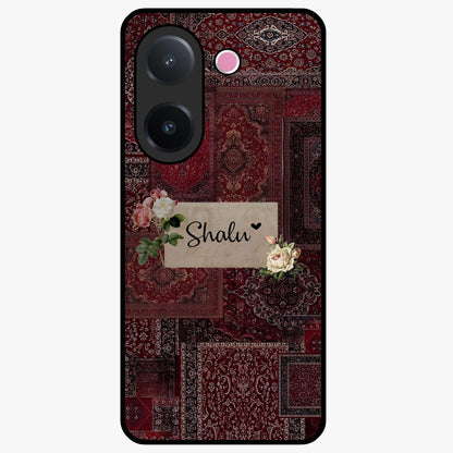 Velvet Wine Pattern Custom Name Glass Case showing flat back view with elegant wine colored pattern artwork and personalized name design.