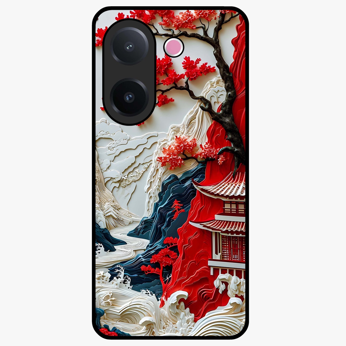 Whispers Of Sakura Waves Glass Case showing flat back view with cherry blossom wave artwork and glossy glass finish.