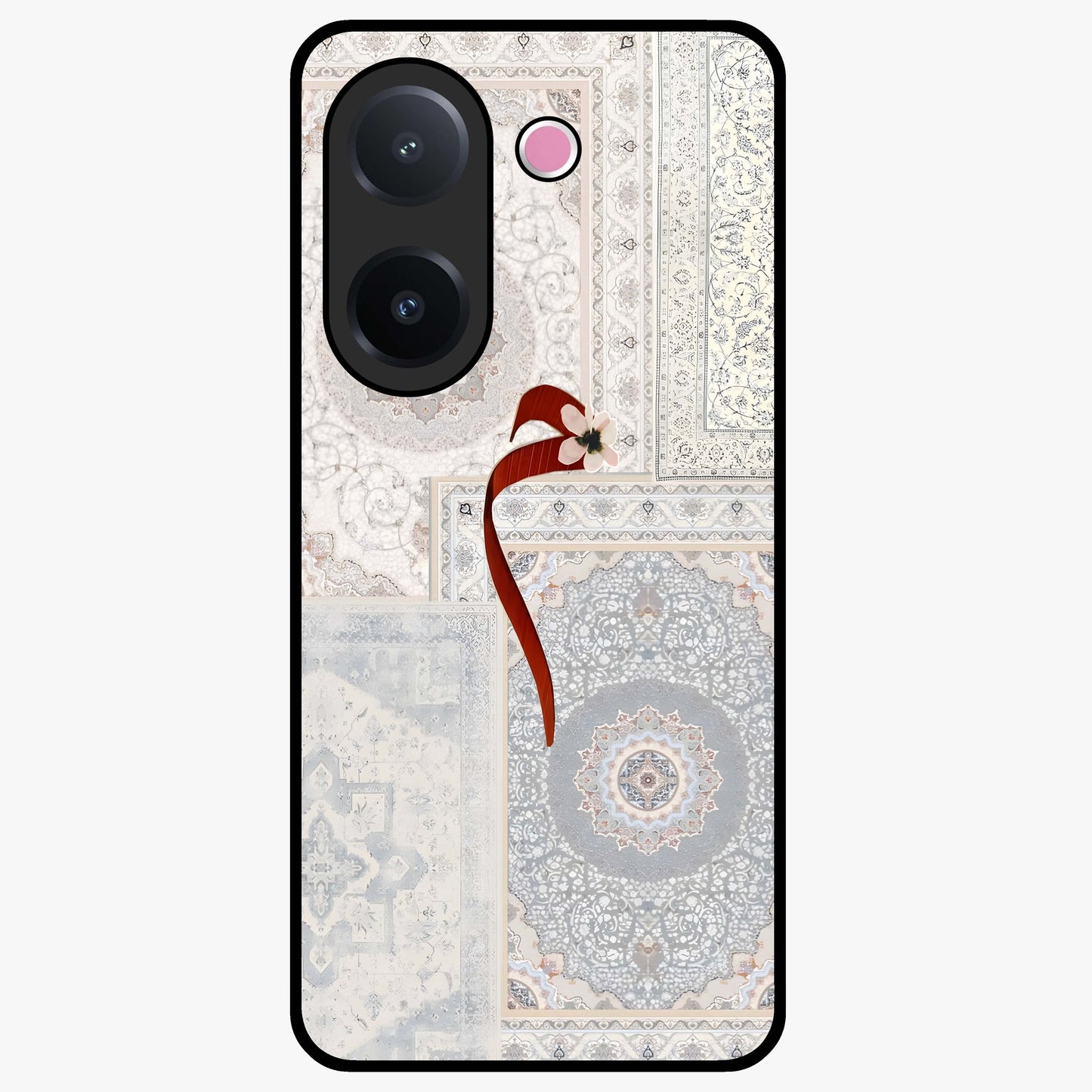 White Aesthetic Bow Glass Case showing flat back view with minimal bow artwork and glossy glass finish.