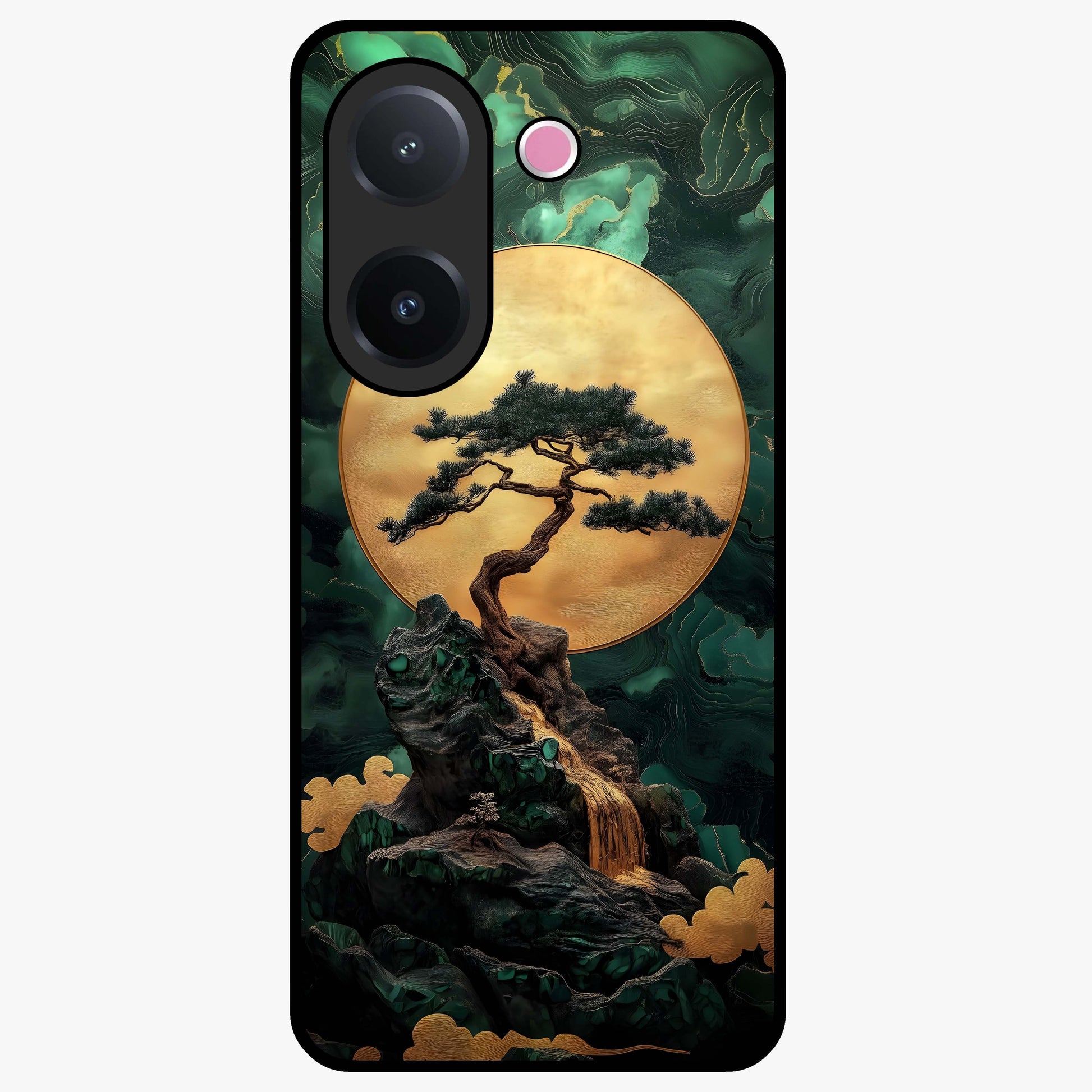 Zen Moon Rise Glass Case showing flat back view with calm moonrise artwork and glossy glass finish.