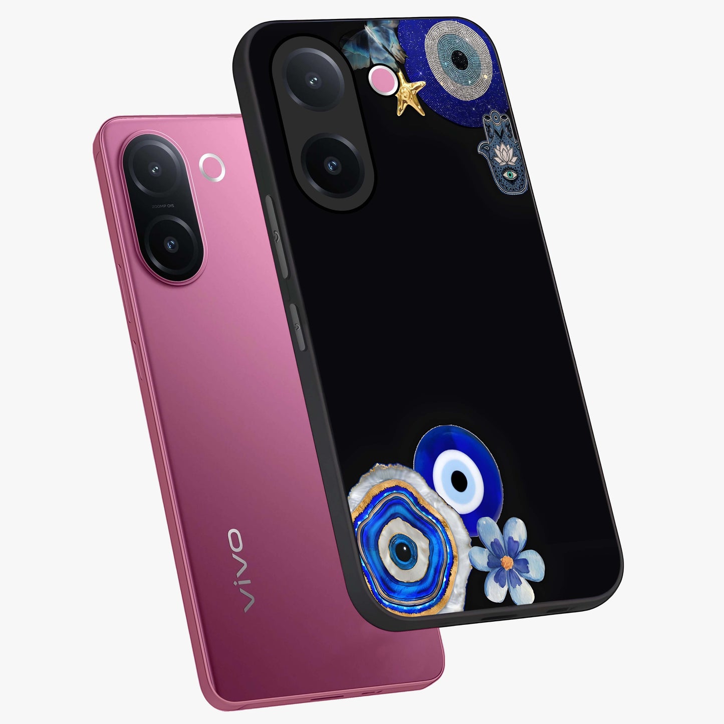 Aesthetic Blue Evil Eye Glass Case displayed in angled mockup highlighting blue evil eye symbol and spiritual aesthetic design.