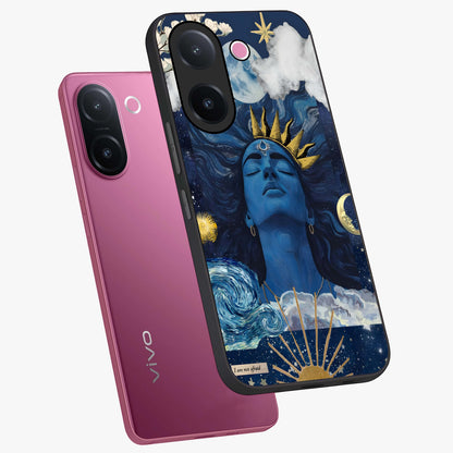 Aesthetic Lord Shiva Glass Case displayed in angled mockup highlighting spiritual Shiva illustration and sacred aesthetic design.