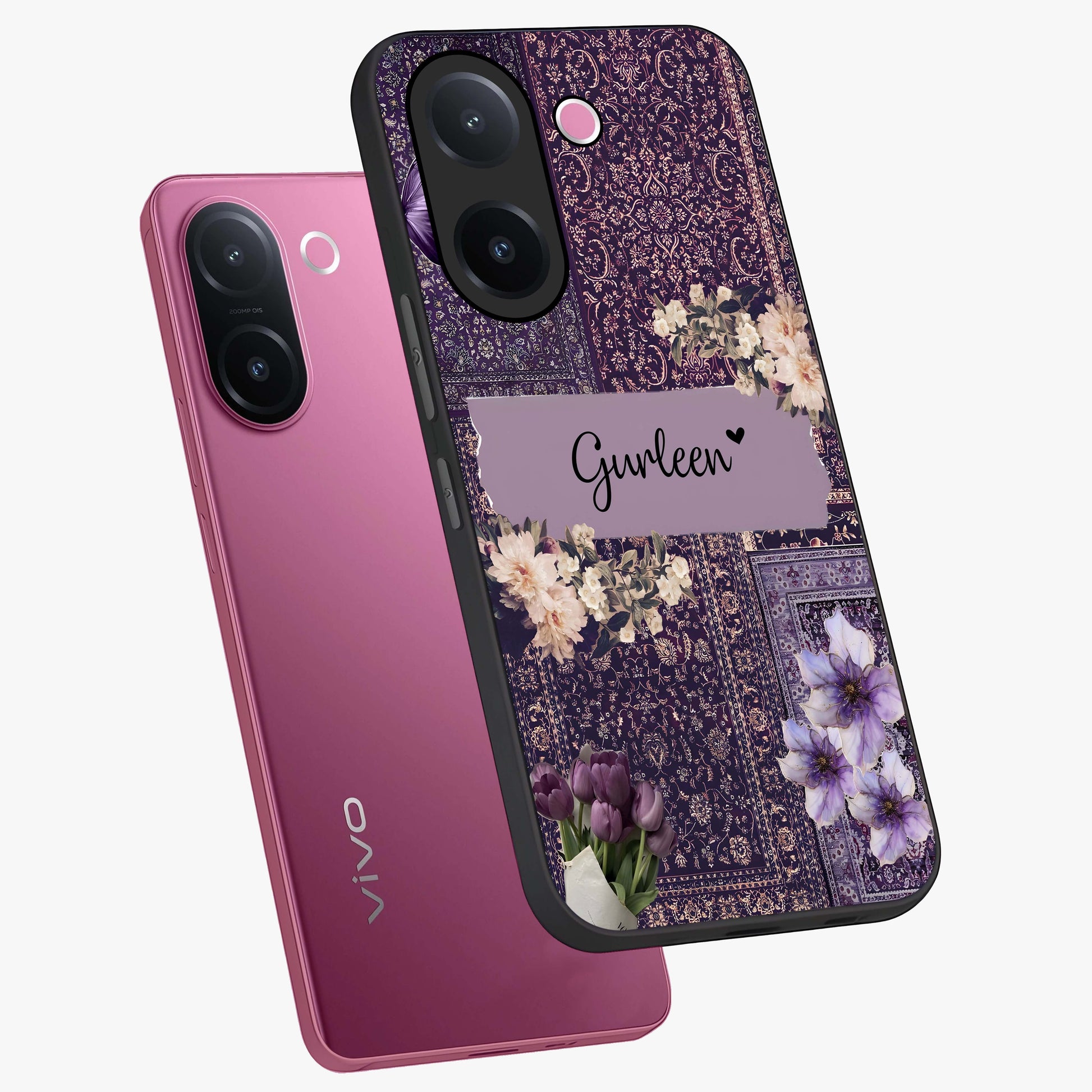 Antique Floral Whisper Custom Name Glass Case displayed in angled mockup highlighting elegant antique floral aesthetic.