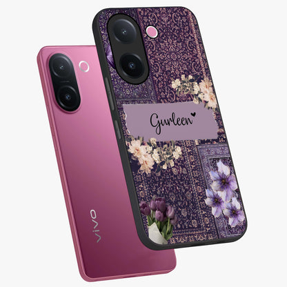 Antique Floral Whisper Custom Name Glass Case displayed in angled mockup highlighting elegant antique floral aesthetic.