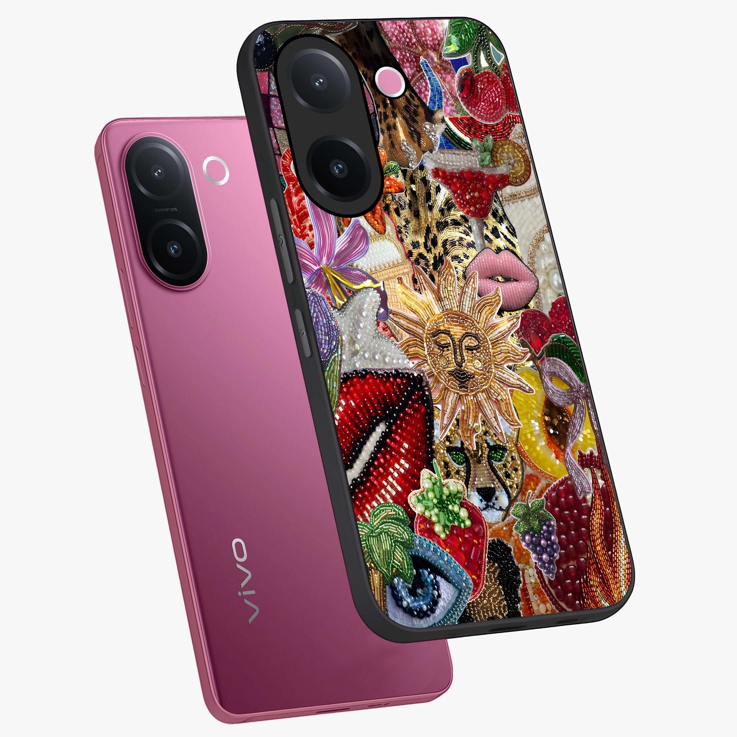 Beaded Fashion Jungle Glass Case displayed in angled mockup highlighting colorful fashion bead design and artistic pattern.