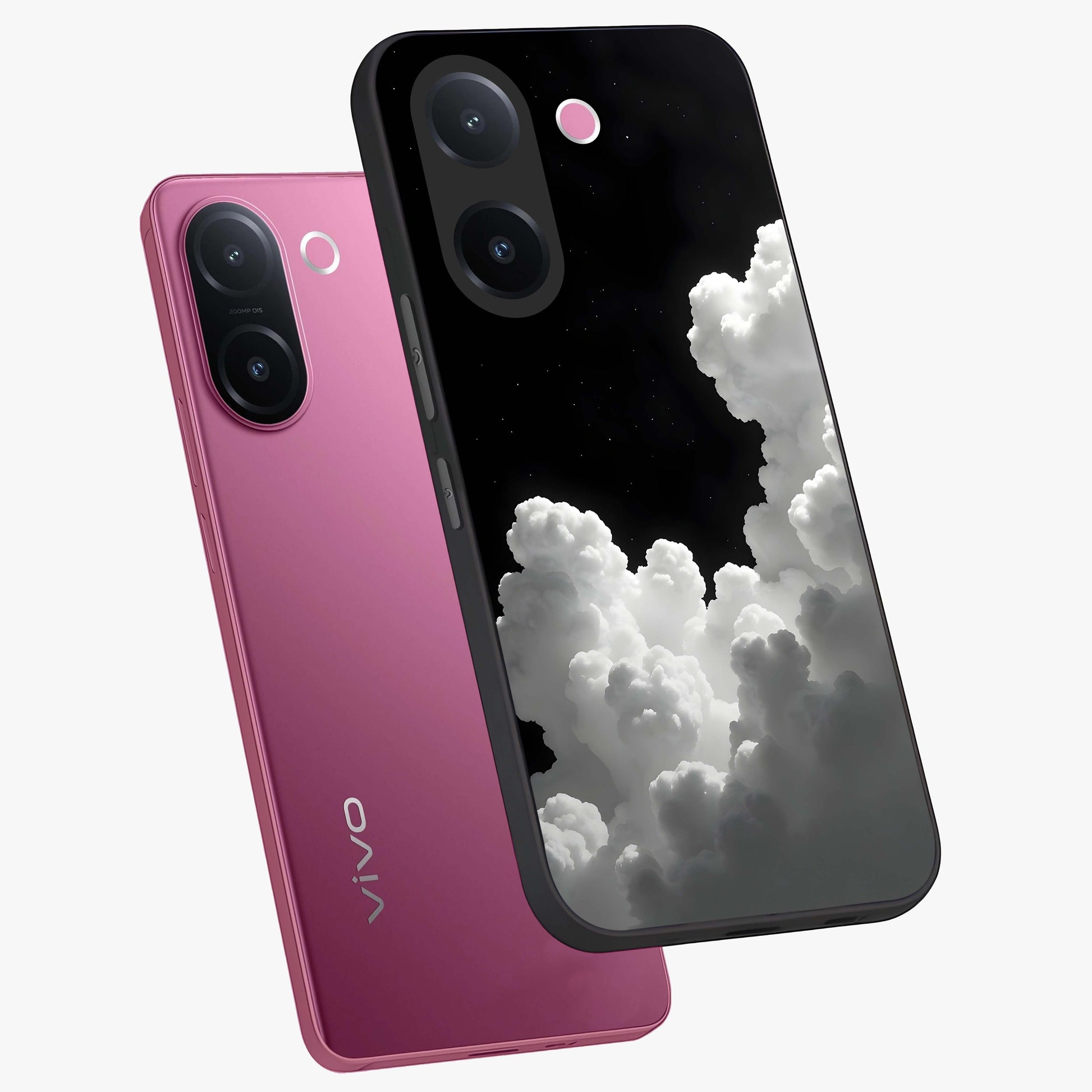 Black Background With White Cloud Glass Case displayed in angled mockup highlighting soft white cloud illustration and minimal design.
