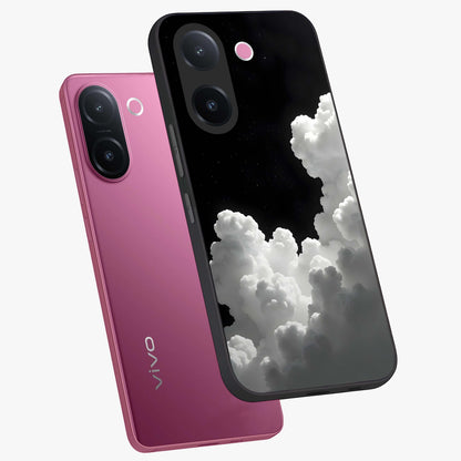 Black Background With White Cloud Glass Case displayed in angled mockup highlighting soft white cloud illustration and minimal design.