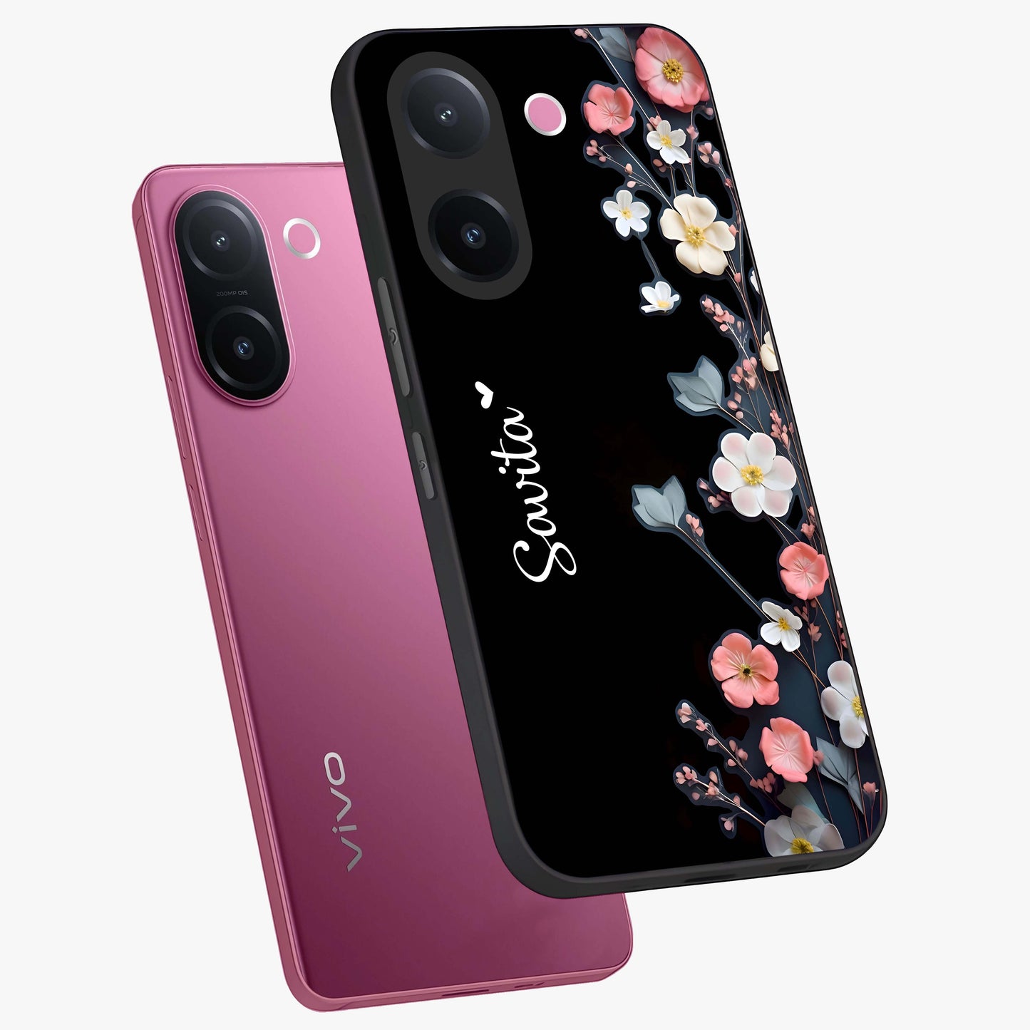 Black Elegance Floral Custom Name Glass Case displayed in angled mockup highlighting dark floral aesthetic and custom name feature.