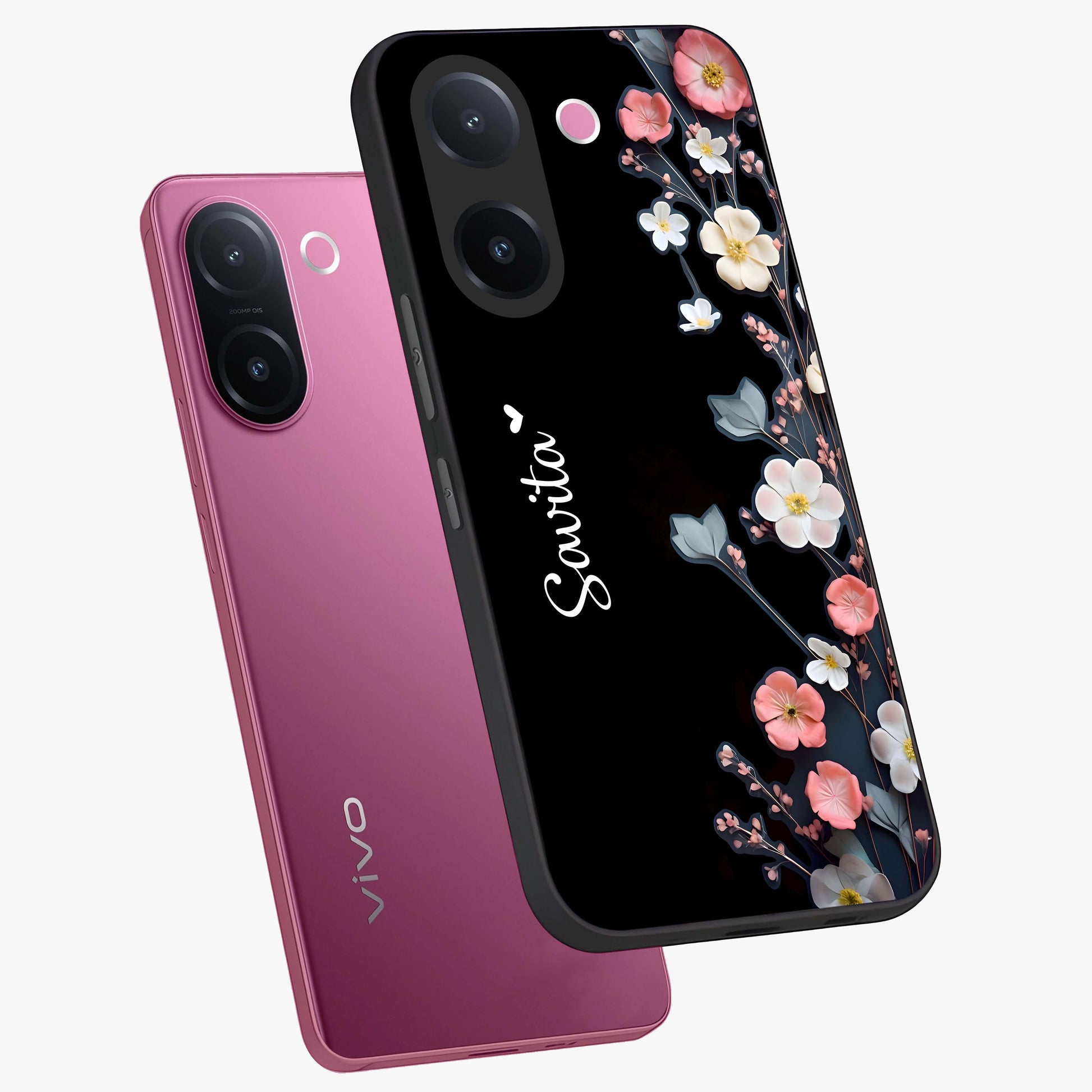 Black Elegance Floral Custom Name Glass Case displayed in angled mockup highlighting dark floral aesthetic and custom name feature.