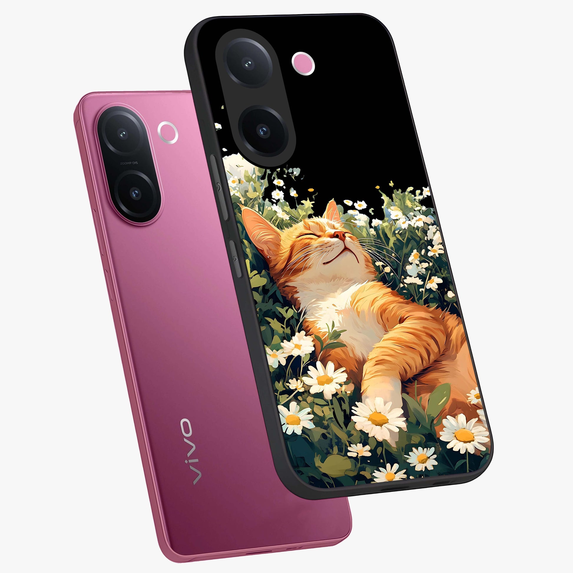 Blissful Bloom Cat Glass Case displayed in angled mockup highlighting playful feline illustration with soft floral aesthetic.