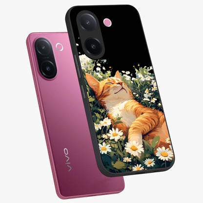 Blissful Bloom Cat Glass Case displayed in angled mockup highlighting playful feline illustration with soft floral aesthetic.