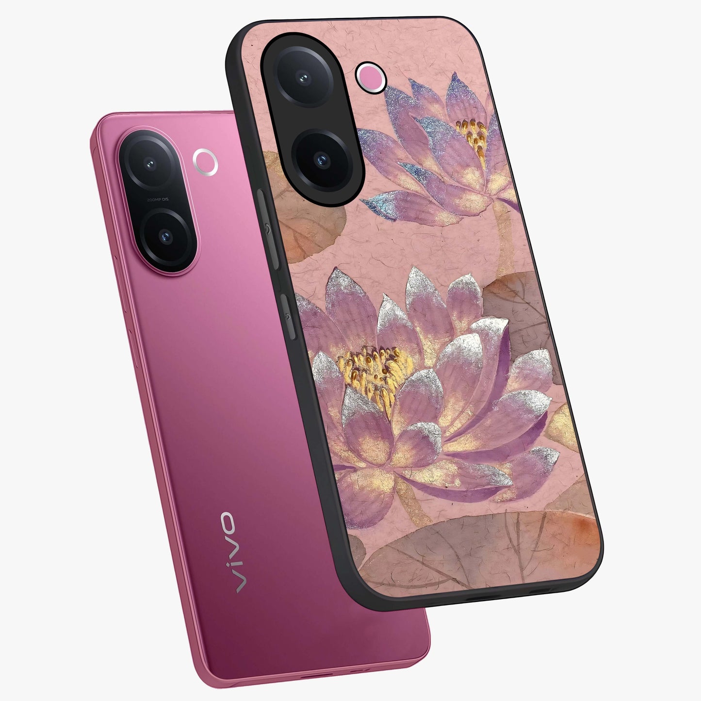 Blossom Mist Lotus Glass Case displayed in angled mockup highlighting delicate lotus illustration with calm aesthetic theme.