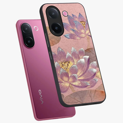 Blossom Mist Lotus Glass Case displayed in angled mockup highlighting delicate lotus illustration with calm aesthetic theme.