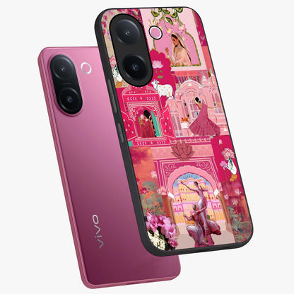 Blossoms of Rajasthan Glass Case displayed in angled mockup highlighting vibrant floral pattern with cultural aesthetic style.