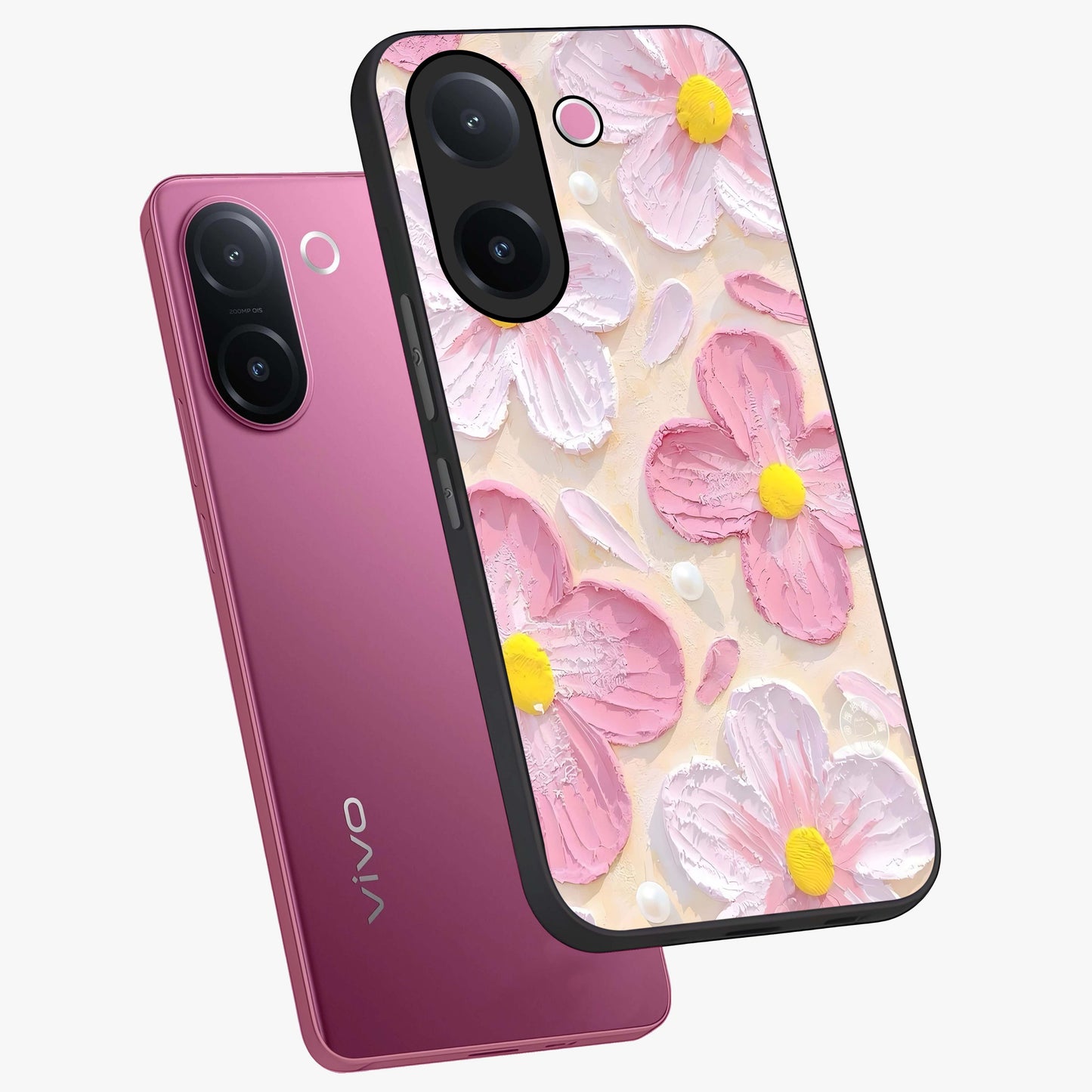 Blush Bloom Texture Glass Case displayed in angled mockup highlighting subtle bloom pattern with aesthetic pastel design.