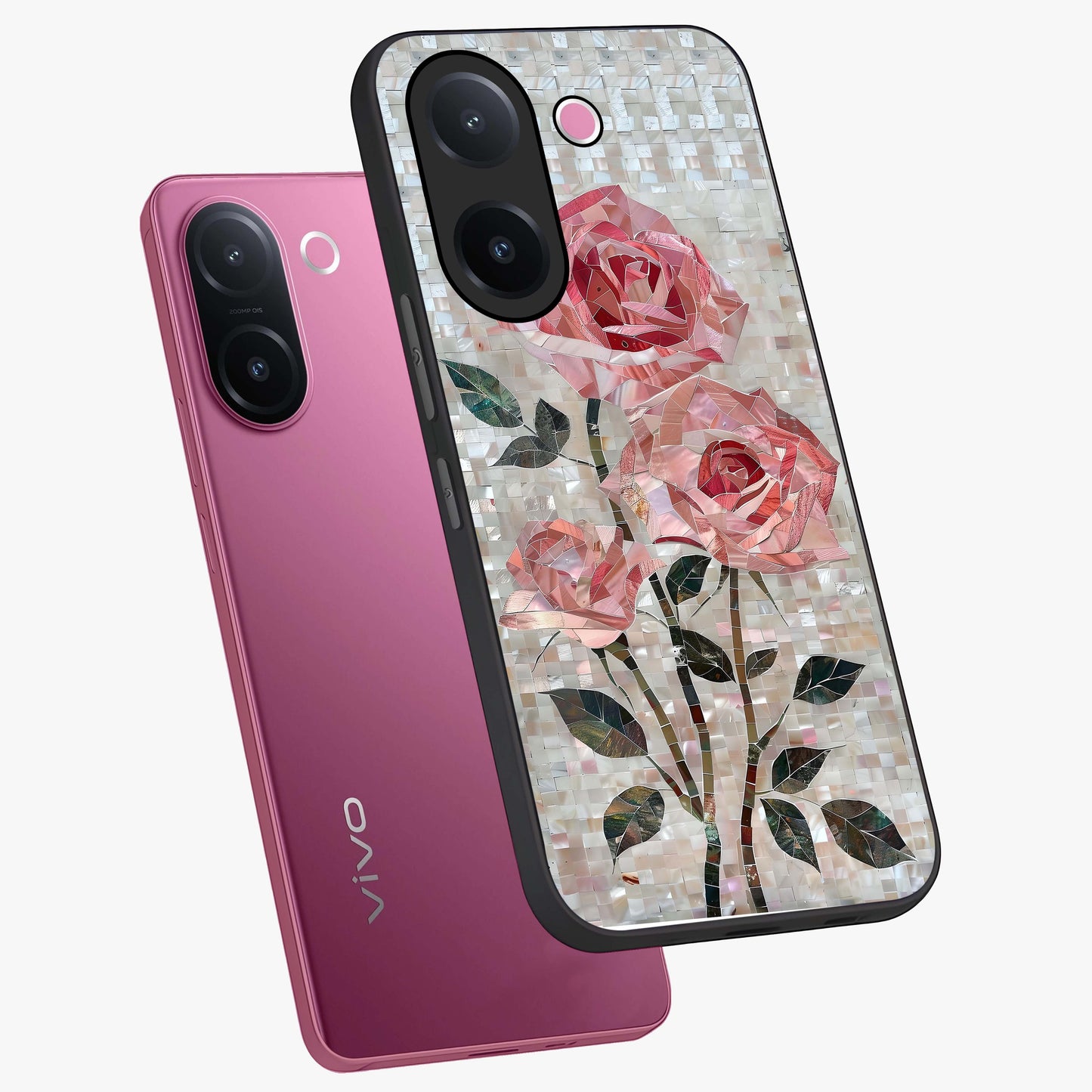 Blush Mosaic Bloom Glass Case displayed in angled mockup highlighting artistic mosaic flower pattern with aesthetic design.