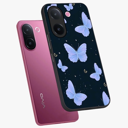Butterfly With Stars Pattern Glass Case displayed in angled mockup highlighting dreamy butterfly and star design with aesthetic theme.
