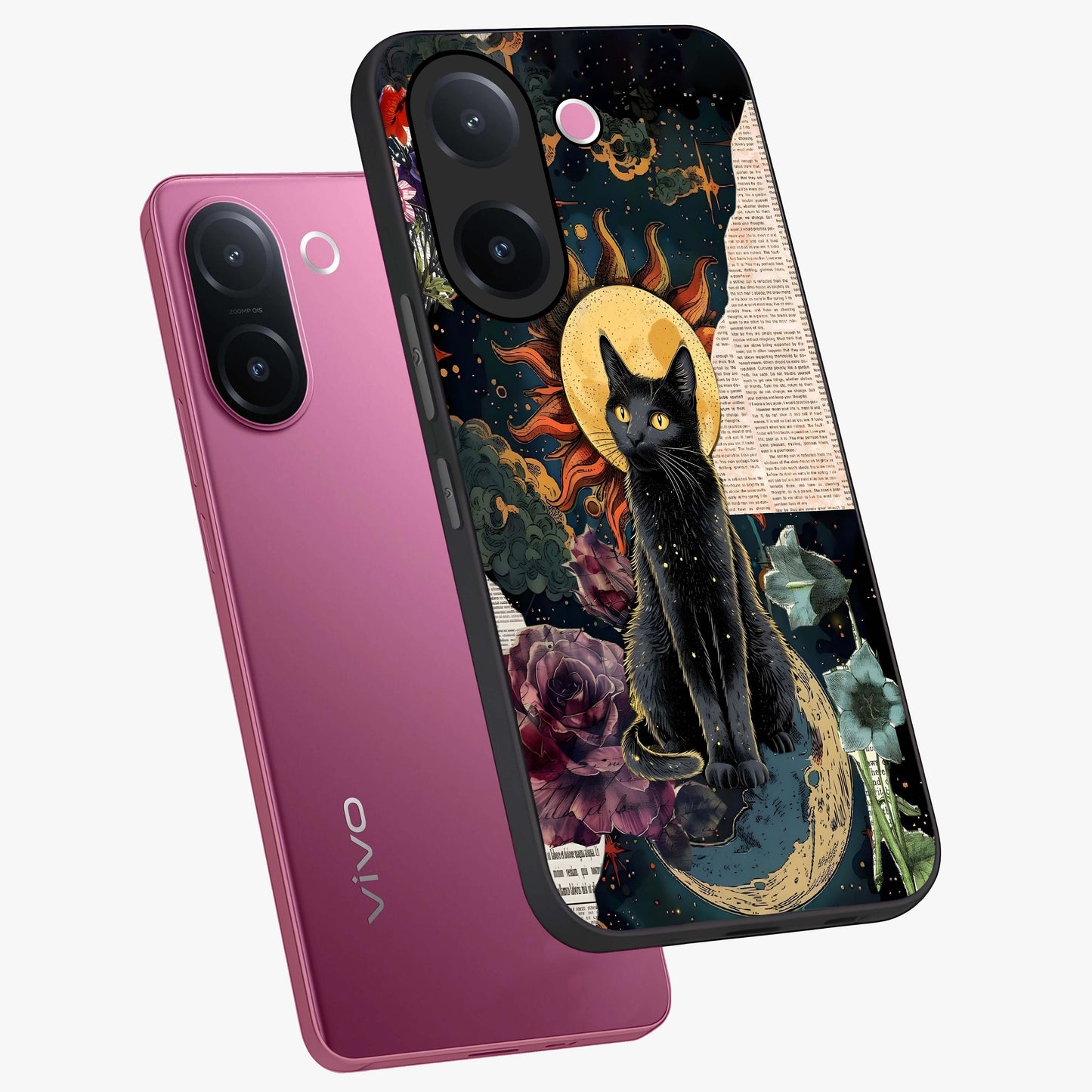 Celestial Black Cat Glass Case displayed in angled mockup highlighting cosmic black cat design with celestial aesthetic.