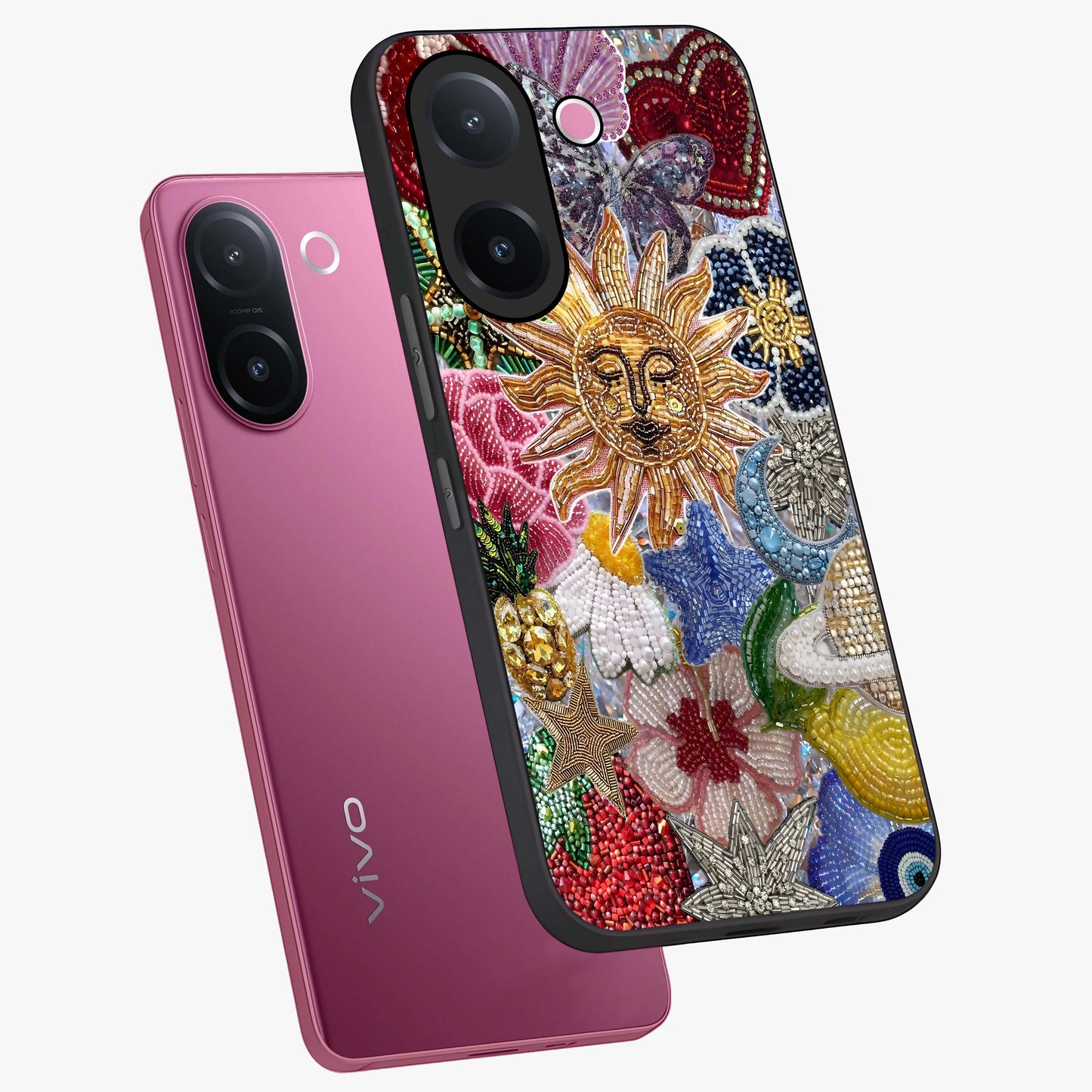 Celestial Floral and Playful Glass Case displayed in angled mockup highlighting playful floral design with dreamy celestial elements.