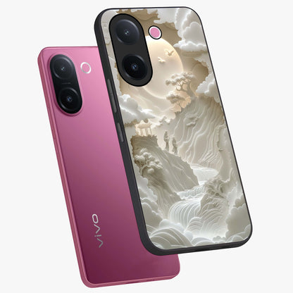 Celestial Origami Glass Case displayed in angled mockup highlighting geometric origami design with cosmic aesthetic theme.