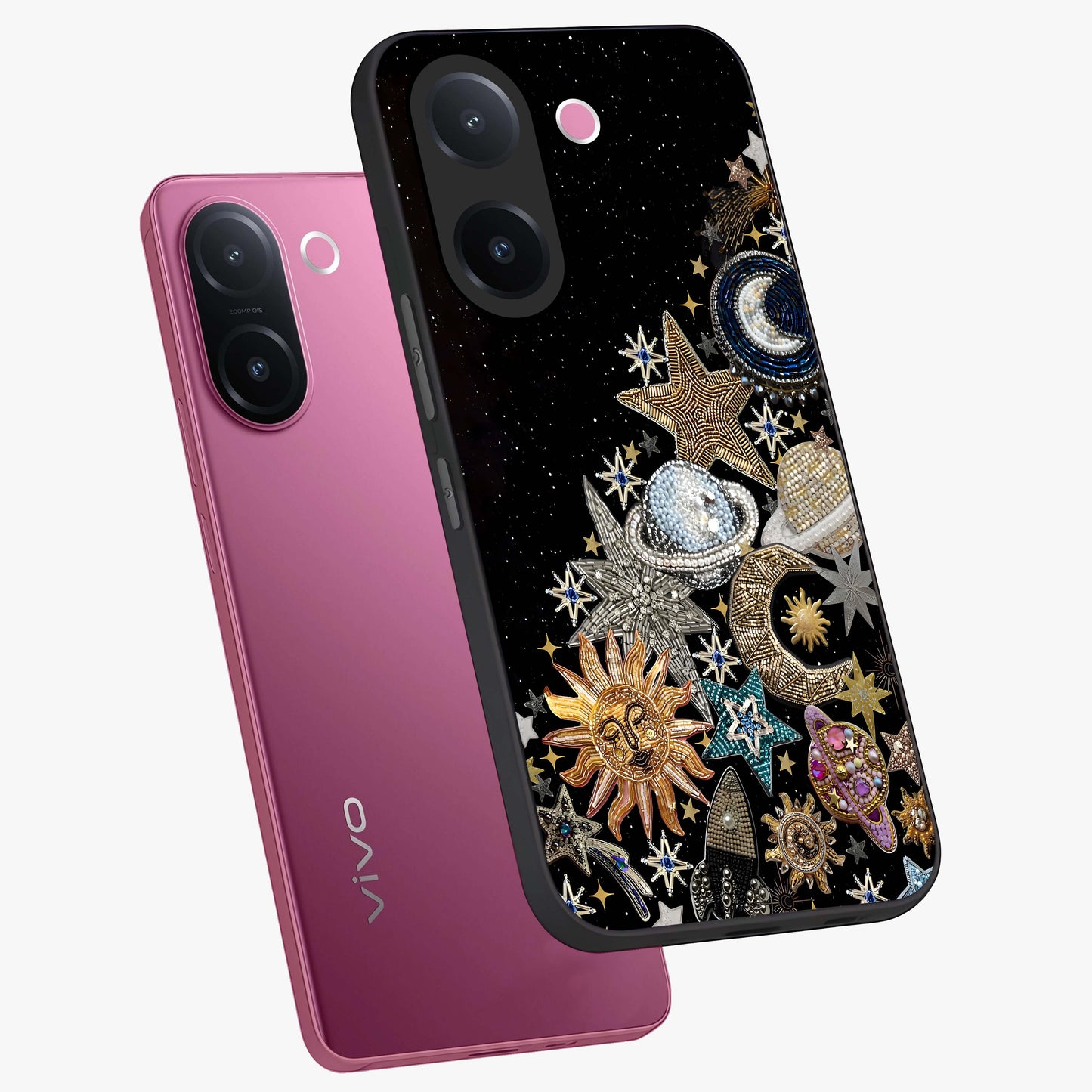 Cosmic Sparkle Dreams Glass Case displayed in angled mockup highlighting dreamy star sparkle design with celestial aesthetic.