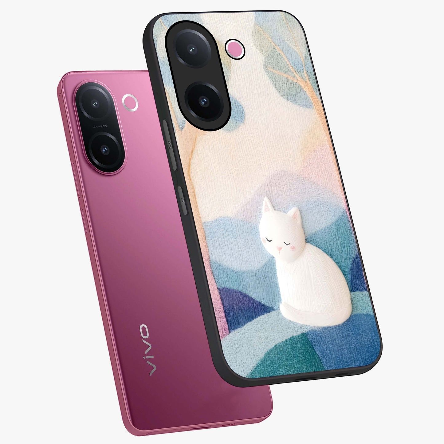 Cotton Dream Cat Glass Case displayed in angled mockup highlighting cute feline illustration with pastel aesthetic style.